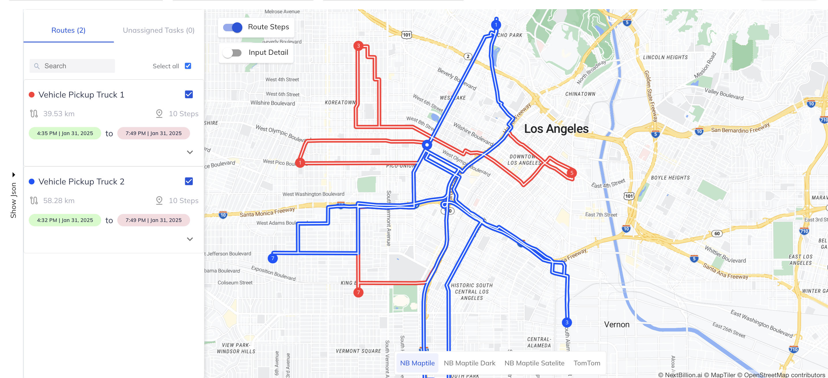 Analytics dashboard showing route optimization results with cost savings and performance metrics