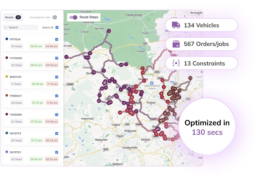 Route planning interface showing optimized delivery routes