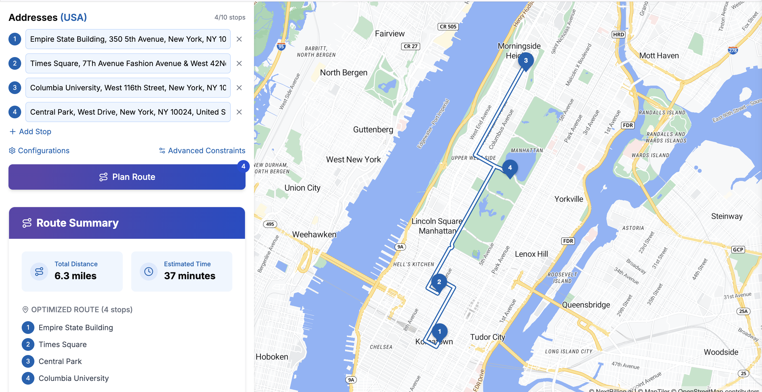 Route Optimization App interface showing optimized delivery routes on an interactive map with 4 stops in New York City